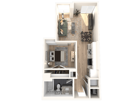 A 3D floor plan of a small apartment with a kitchen, living room, and bathroom.
